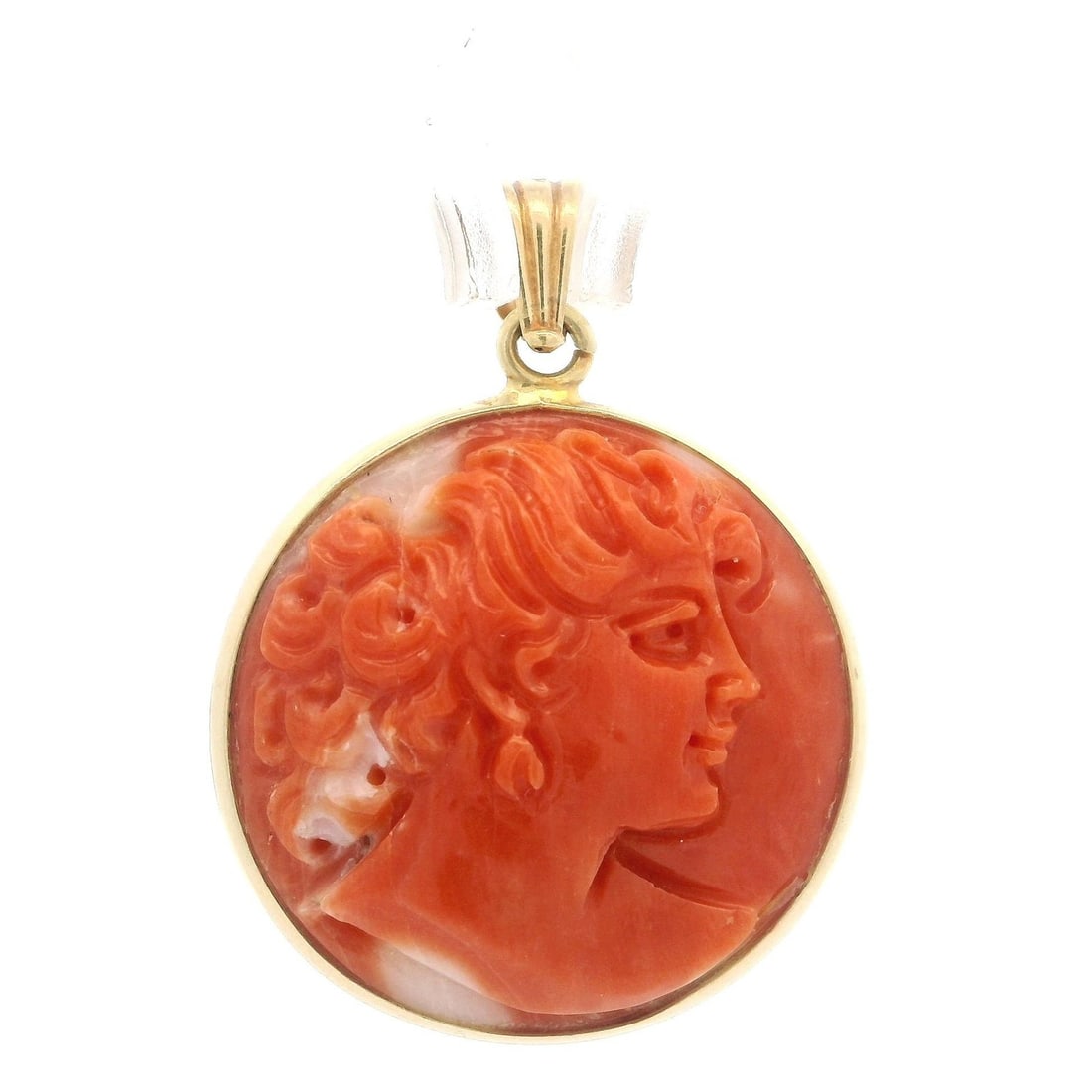 Vintage 18k Yellow Gold Coral Cameo Lady Portrait Pendant: Vintage 18k Yellow Gold Coral Cameo Lady Portrait Pendant This exquisite vintage pendant showcases a beautifully carved lady portrait in natural coral, set in luxurious 18k yellow gold. The rich salmo