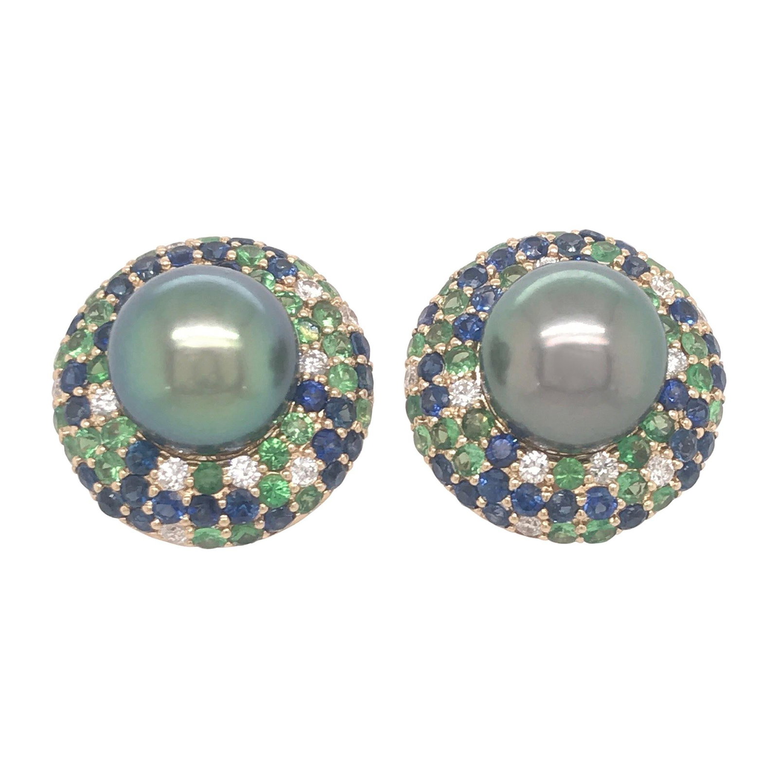 Harbor Diamonds Tahitian Pearl Sapphire Diamond Earrings 3.87 Carats 18K Gold: Harbor Diamonds Tahitian Pearl Sapphire Diamond Earrings 3.87 Carats 18K Gold Elevate your elegance with these stunning earrings featuring two exquisite Tahitian pearls, each measuring 10-11 mm. Craft