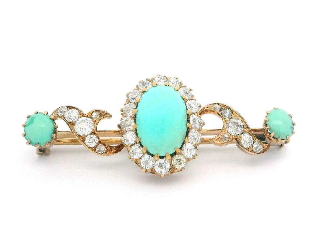 Antique Victorian Gold Bar Brooch with Turquoise and Diamond Accents: Antique Victorian Gold Bar Brooch with Turquoise and Diamond Accents This exquisite Antique Victorian Bar Pin Brooch showcases a stunning combination of natural gemstones and fine craftsmanship. Featu