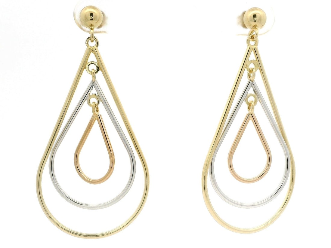 18k Tricolor Gold Long Tear Drop Dangle Earrings: 18k Tricolor Gold Long Tear Drop Dangle Earrings Elevate your style with these stunning 18k Tricolor Gold Long Tear Drop Swinging Concentric Dangle Earrings. Crafted from solid yellow, rose, and white