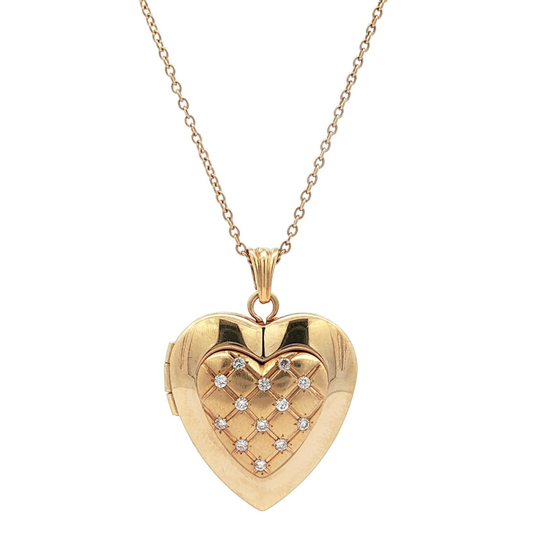 14k Yellow Gold Diamond Heart Locket Pendant with 18" Chain: 14k Yellow Gold Diamond Heart Locket Pendant with 18" Chain This exquisite 14k Yellow Gold Diamond Tufted Heart Locket Pendant is a stunning piece of jewelry, elegantly designed to hold your cherished