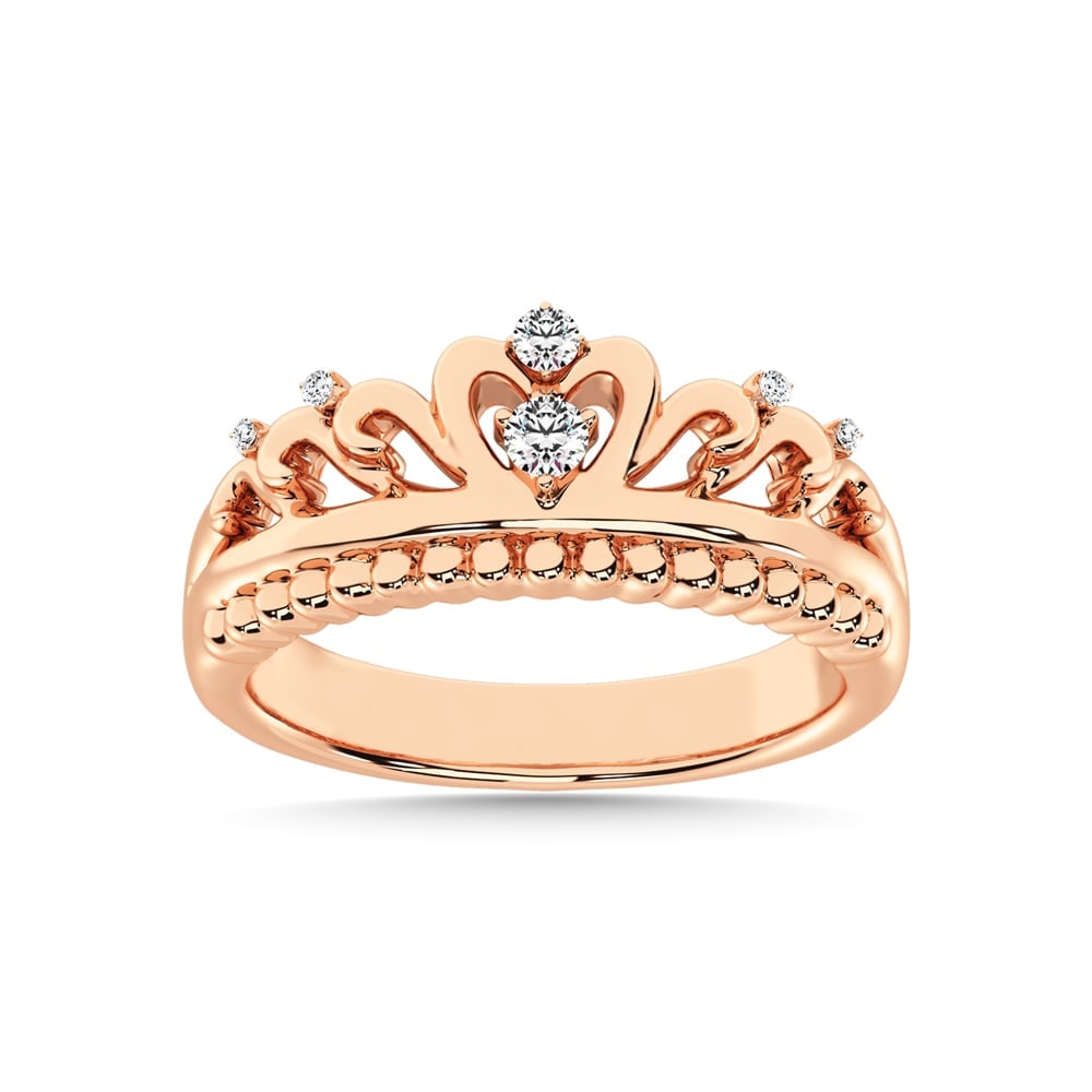 10K Rose Gold 1/20 Ct.Tw. Diamond Crown Stackable Band: 10K Rose Gold 1/20 Ct.Tw. Diamond Crown Stackable Band Fashioned in fine 10K rose gold, this sparkling crown band is set with shimmering diamonds of totaling 1/20 Ct.Tw. and polished to a brilliant sh