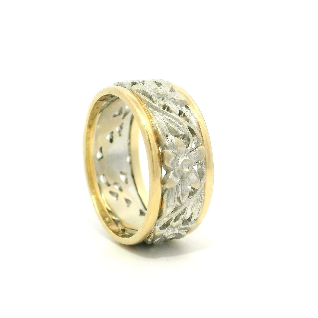 Vintage 12k Two Tone Gold Milgrain Floral Eternity Band Ring: Vintage 12k Two Tone Gold Milgrain Floral Eternity Band Ring This exquisite vintage eternity band ring showcases a stunning two-tone design crafted from tested 12k-14k yellow and white gold, with a be