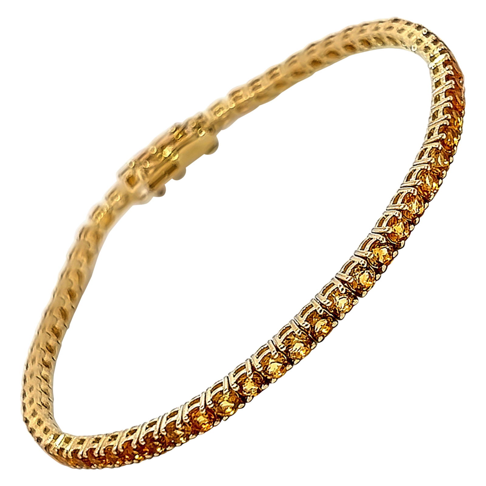 5.22ct Round Citrine Tennis Bracelet 14k Yellow Gold: 5.22ct Round Citrine Tennis Bracelet 14k Yellow Gold This stunning contemporary tennis bracelet features a total of 5.22 carats of vibrant round citrines set in luxurious 14k yellow gold. Crafted in