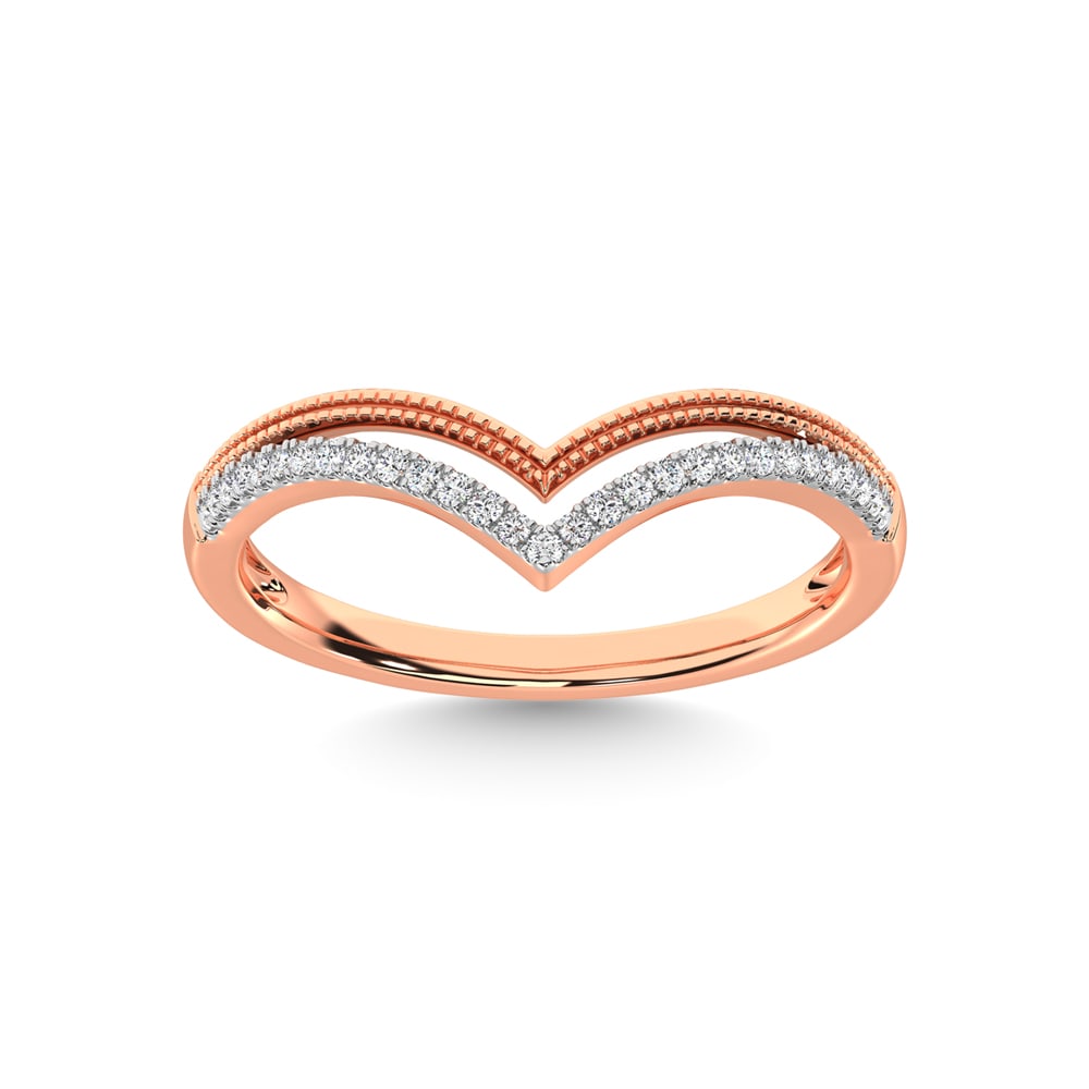 10K Rose Gold Diamond 1/6 Ct.Tw. Chevron Band: 10K Rose Gold Diamond 1/6 Ct.Tw. Chevron Band 10k Rose Gold Stone Color: G-h Stone Clarity: I1 Each ring is presented in standard size 6.5. Complimentary resizing is available between sizes 510 (in 1/