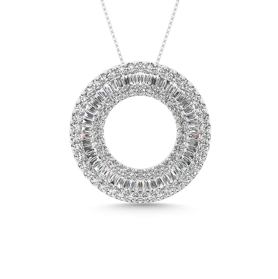 Diamond 2 Ct.Tw. Circle Round and Straight Baguette Fashion Pendant in 14K White Gold: Diamond 2 Ct.Tw. Circle Round and Straight Baguette Fashion Pendant in 14K White Gold 14k White Gold Stone Color: G-h Stone Clarity: I2 Unless otherwise specified, pendants that include a chain are pa