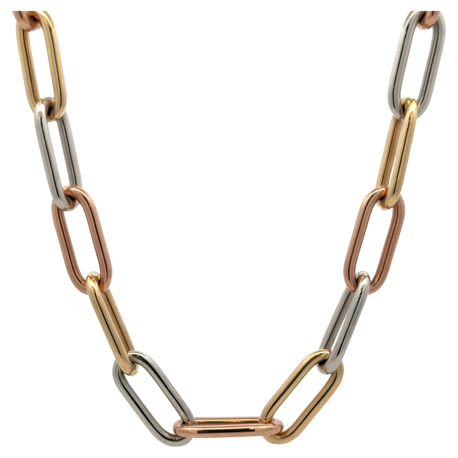 Contemporary 14K Tri-Color Gold Italian Paperclip Link Necklace 24.6g: Contemporary 14K Tri-Color Gold Italian Paperclip Link Necklace 24.6g This Italian tri-color paperclip link necklace is expertly crafted from solid 14K yellow, rose, and white gold. It features bold,