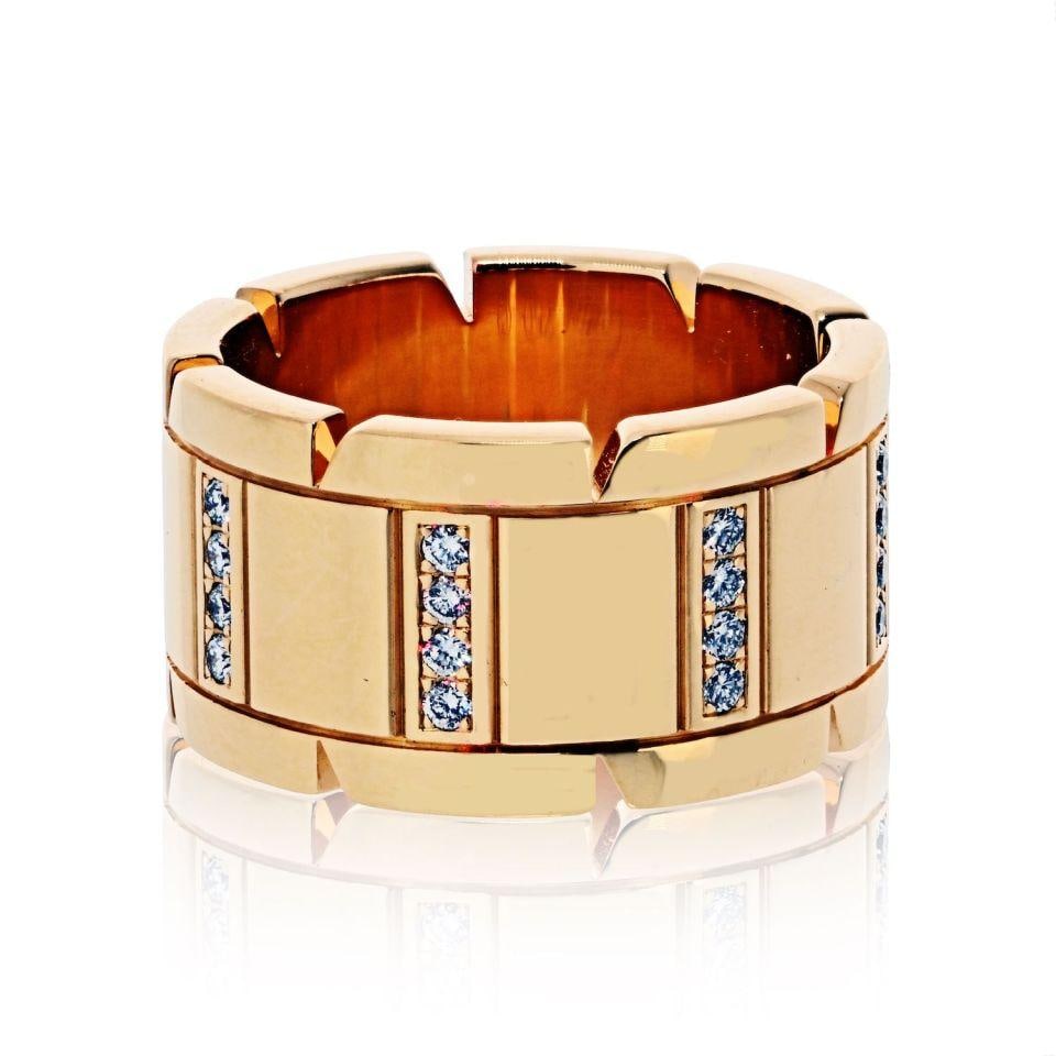 Tank Francaise 18K Gold Diamond Ring by Cartier 11mm Wide Size 52: Tank Francaise 18K Gold Diamond Ring by Cartier 11mm Wide Size 52 This Cartier Tank Francaise ring is crafted from 18K yellow gold and features an 11mm wide band adorned with round diamonds totaling a