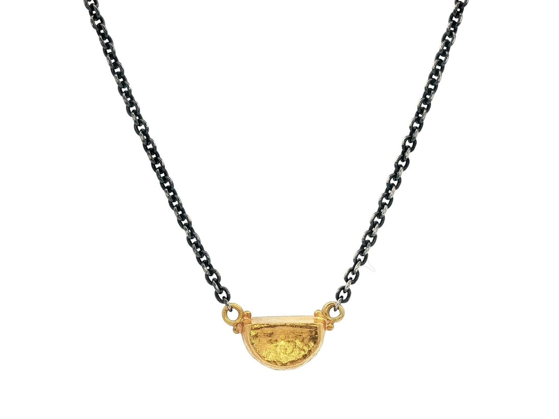 Lika Behar Yin Yang Adjustable Necklace in Blackened Silver and 14k Gold: Lika Behar Yin Yang Adjustable Necklace in Blackened Silver and 14k Gold This exquisite adjustable necklace features a unique Yin & Yang design, skillfully crafted from blackened sterling silver and a