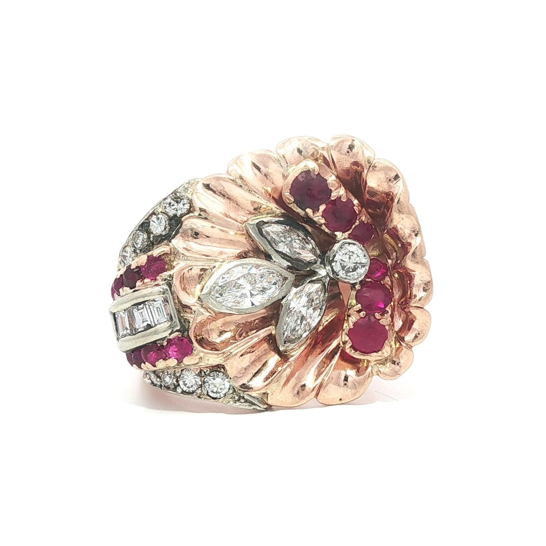 Vintage Retro Rose Gold Floral Ruby Diamond Ring 1.0ctw: Vintage Retro Rose Gold Floral Ruby Diamond Ring 1.0ctw This stunning Vintage Retro ring showcases a large floral design crafted from solid 11-14k rose gold with platinum basket tops. The cocktail rin