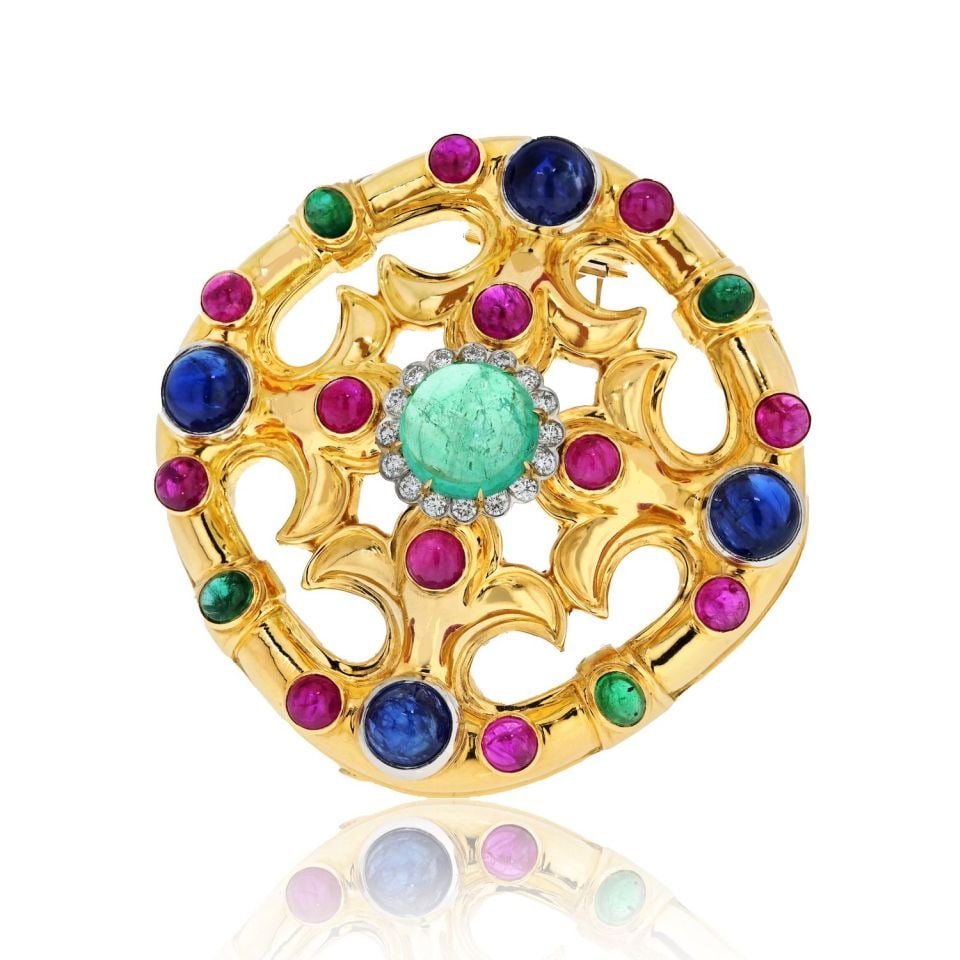 David Webb 18K Yellow Gold Brooch with Emerald Rubies Sapphires Diamonds (1 of 5)