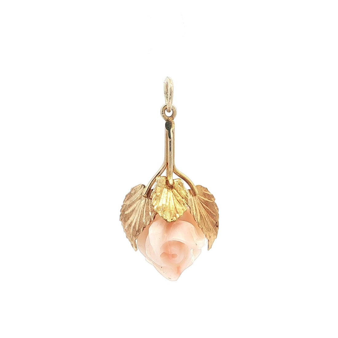 Vintage 14k Gold Coral Flower Charm Pendant Natural Pink Stone: Vintage 14k Gold Coral Flower Charm Pendant Natural Pink Stone This exquisite vintage charm pendant features a beautifully carved flower made from natural coral in an angel skin pink color. Crafted fr