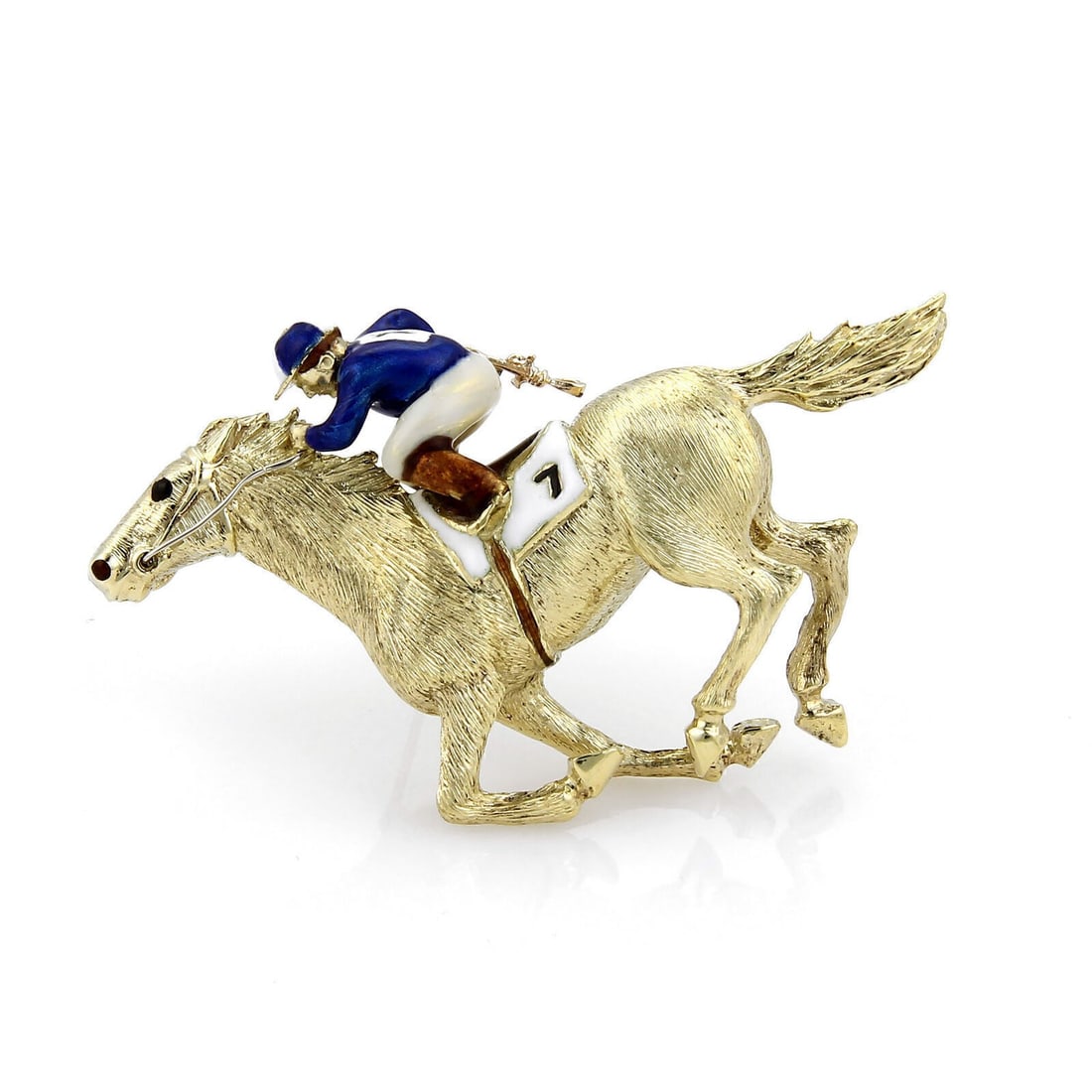 Large 18k Yellow Gold Brooch with Martine Enamel Jockey and Race Horse: Large 18k Yellow Gold Brooch with Martine Enamel Jockey and Race Horse This vintage brooch features an intricate design of a jockey and race horse, expertly crafted from 18k yellow gold and detailed w