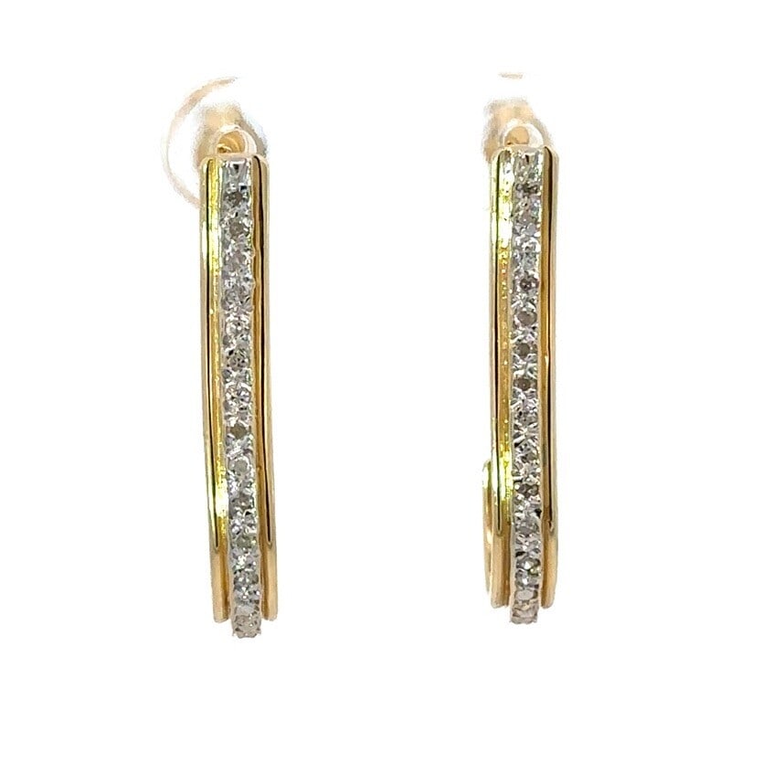 14K Yellow Gold Long Drop Hook Earrings with 0.20ctw Diamonds: 14K Yellow Gold Long Drop Hook Earrings with 0.20ctw Diamonds Elegant and sophisticated, these 14K Yellow Gold Long Drop Hook Shaped Earrings feature 24 natural diamonds with a total weight of 0.20ctw