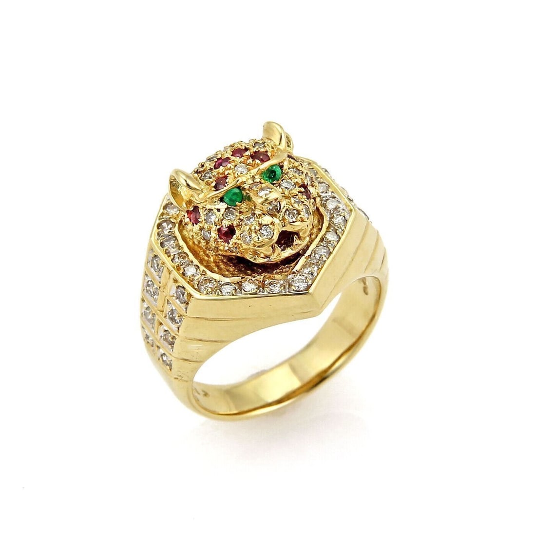 Vintage 18k Yellow Gold Tiger Head Ring With Diamonds Rubies Emerald Eyes Size 7 (1 of 6)