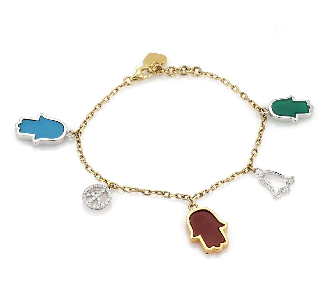 18k Yellow Gold Bracelet with Five Diamond and Gemstone Good Luck Charms: 18k Yellow Gold Bracelet with Five Diamond and Gemstone Good Luck Charms This original 18k yellow gold bracelet features five good luck charms, each adorned with diamonds and gemstones, including agat