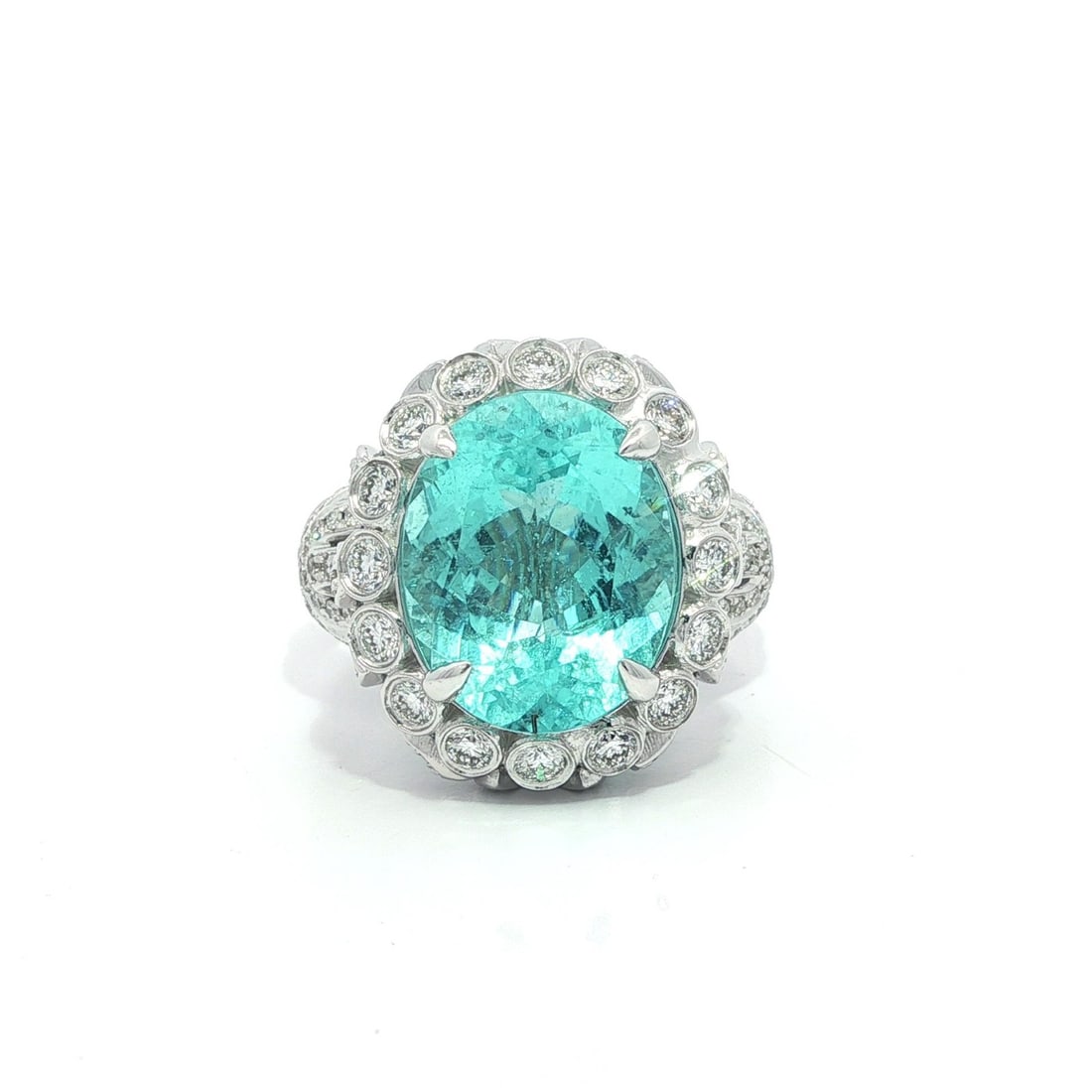 14k White Gold GIA Certified 7.68ct Paraiba Tourmaline Diamond Ring: 14k White Gold GIA Certified 7.68ct Paraiba Tourmaline Diamond Ring Elevate your jewelry collection with this stunning 14k White Gold Statement Ring featuring a remarkable 6.50ct Natural Genuine Parai