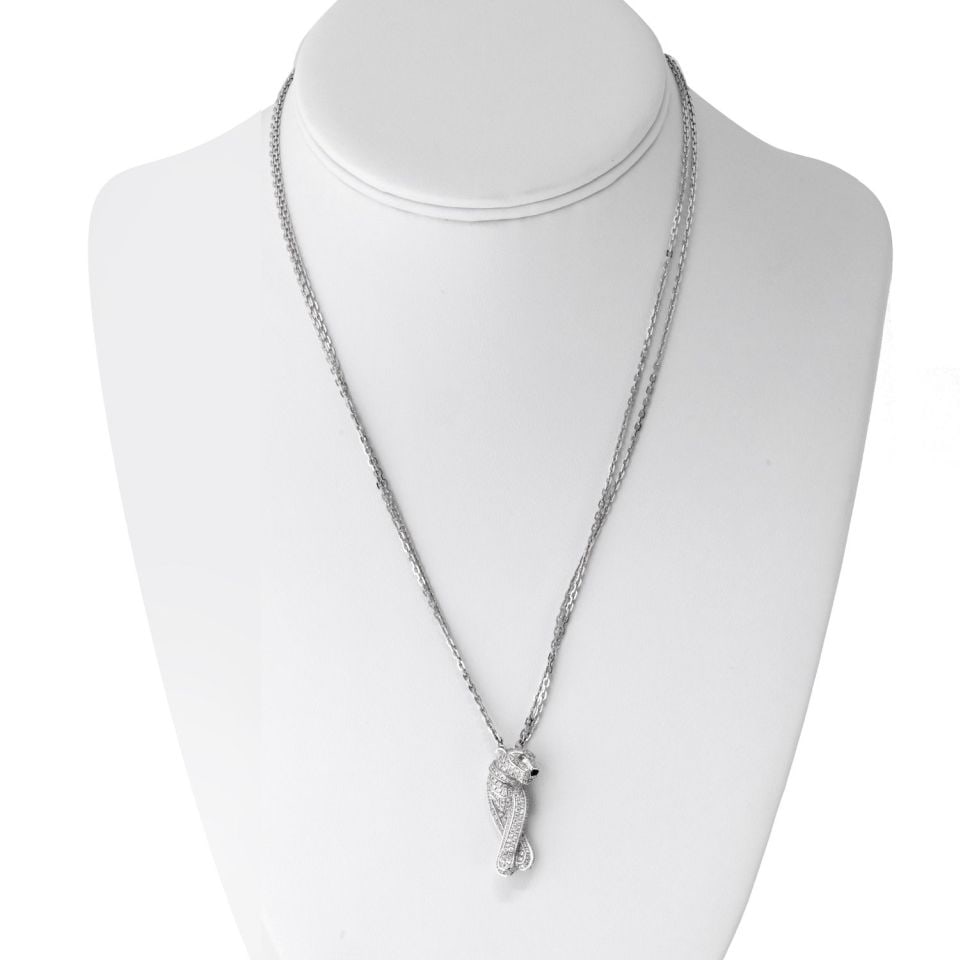 Cartier 18K White Gold Panthere Pendant Necklace with 258 Diamonds: Cartier 18K White Gold Panthere Pendant Necklace with 258 Diamonds This exquisite Cartier necklace features the iconic Panthere design, crafted from luxurious 18K white gold. Adorned with 258 round br