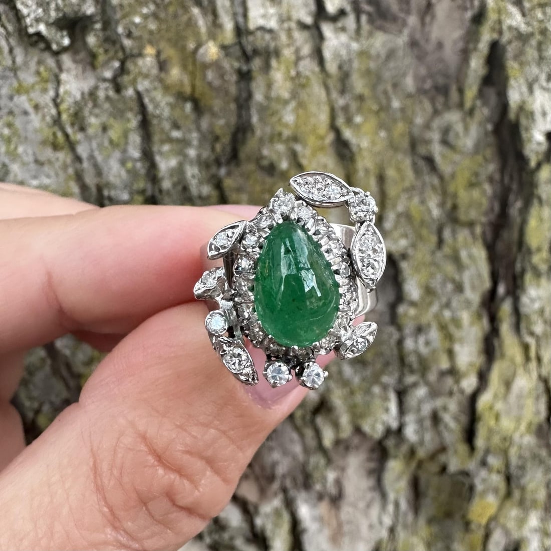 3.35ct Pear Cabochon Emerald Diamond Band Ring in 14k White Gold Palladium GIA: 3.35ct Pear Cabochon Emerald Diamond Band Ring in 14k White Gold Palladium GIA This vintage band ring features a natural pear-shaped cabochon emerald weighing approximately 3.0 carats, set in solid 13