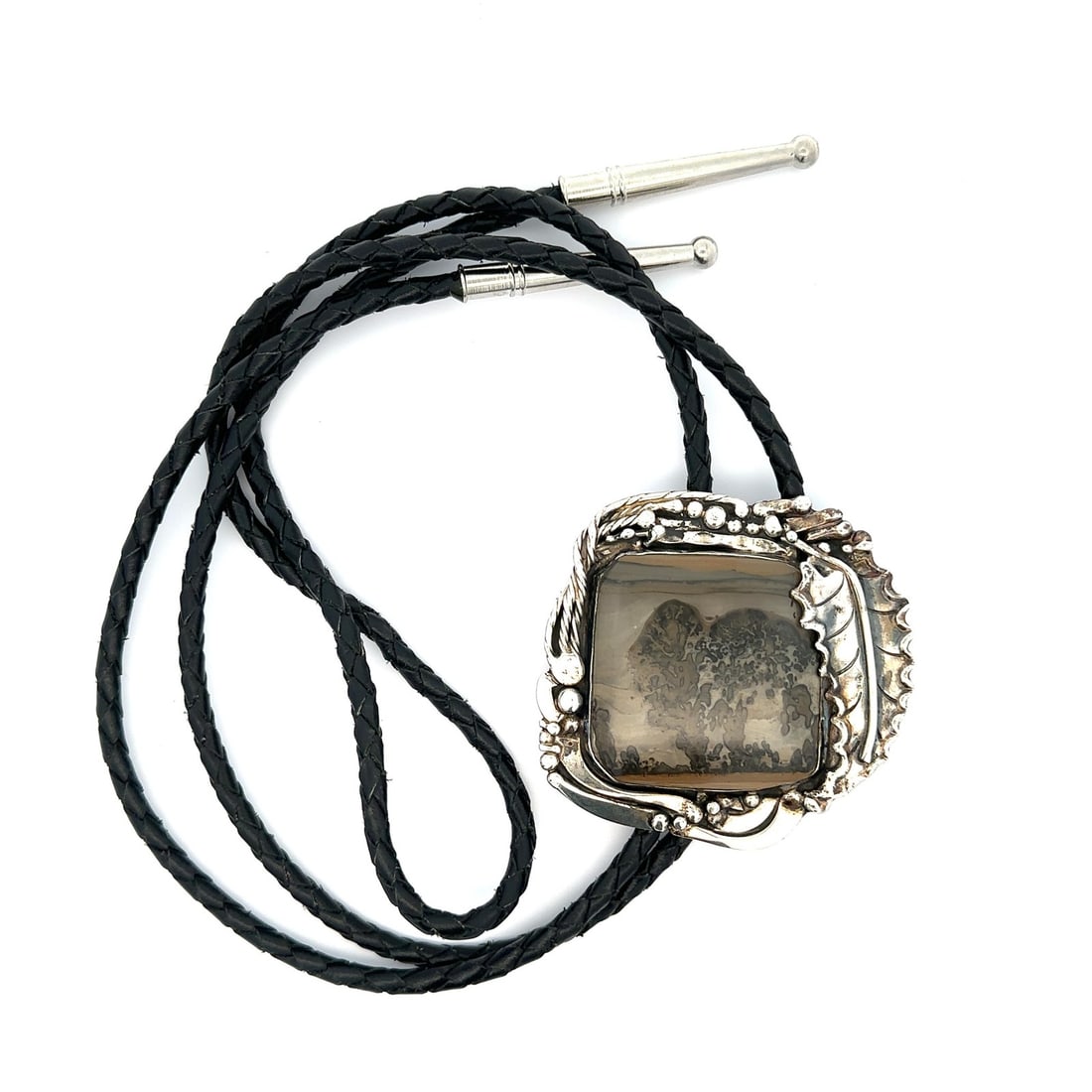 Sterling Silver Bolo Tie with Dendritic Agate Tree Pattern by Stan Davidson: Sterling Silver Bolo Tie with Dendritic Agate Tree Pattern by Stan Davidson This vintage bolo tie features a custom-cut natural dendritic agate in a striking tree formation, bezel set in sterling silv