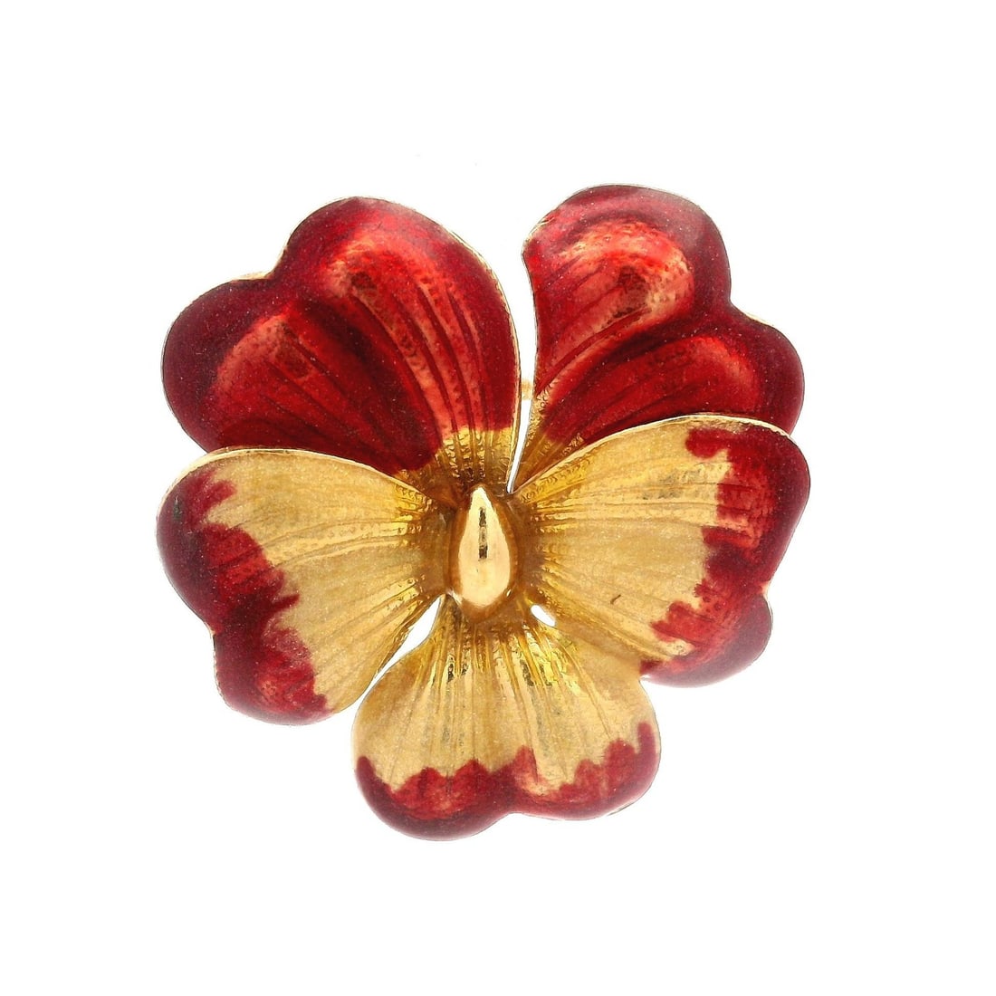 Vintage Yellow Gold Filled Pansy Enamel Brooch with Rotating Closure: Vintage Yellow Gold Filled Pansy Enamel Brooch with Rotating Closure This vintage brooch features a beautiful design of a pansy flower, crafted from yellow gold filled material and adorned with vibran