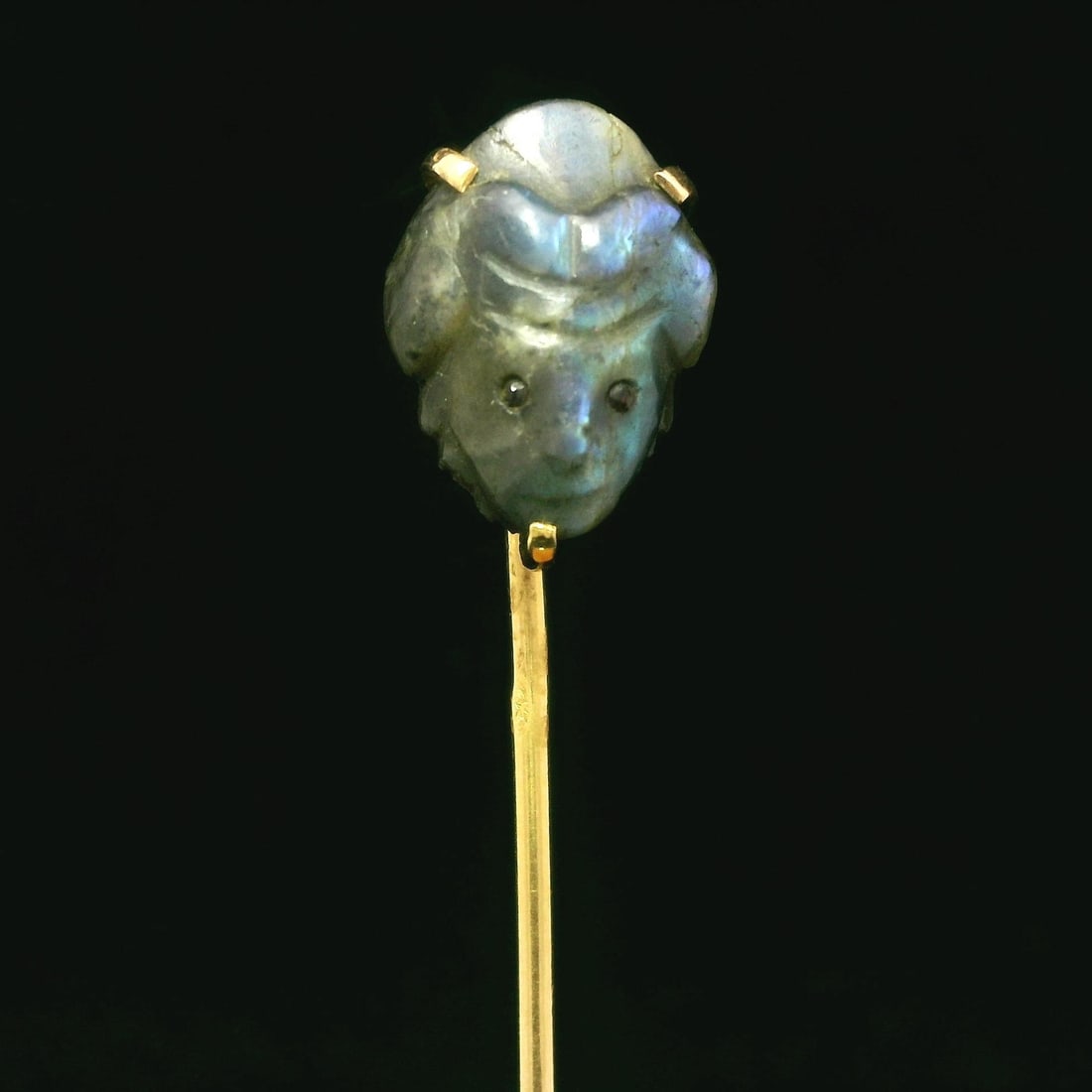 Antique Victorian 18k Gold Labradorite Cameo Lady Stick Pin: Antique Victorian 18k Gold Labradorite Cameo Lady Stick Pin This exquisite Antique Victorian French stick pin features a beautifully carved lady's face portrait in genuine labradorite. The stone showc