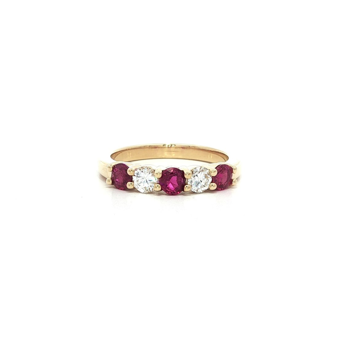 14k Yellow Gold Ruby Diamond Stack Band Ring 0.91ctw: 14k Yellow Gold Ruby Diamond Stack Band Ring 0.91ctw This exquisite stack band ring features a stunning combination of alternating natural rubies and diamonds, elegantly set in solid 14k yellow gold.