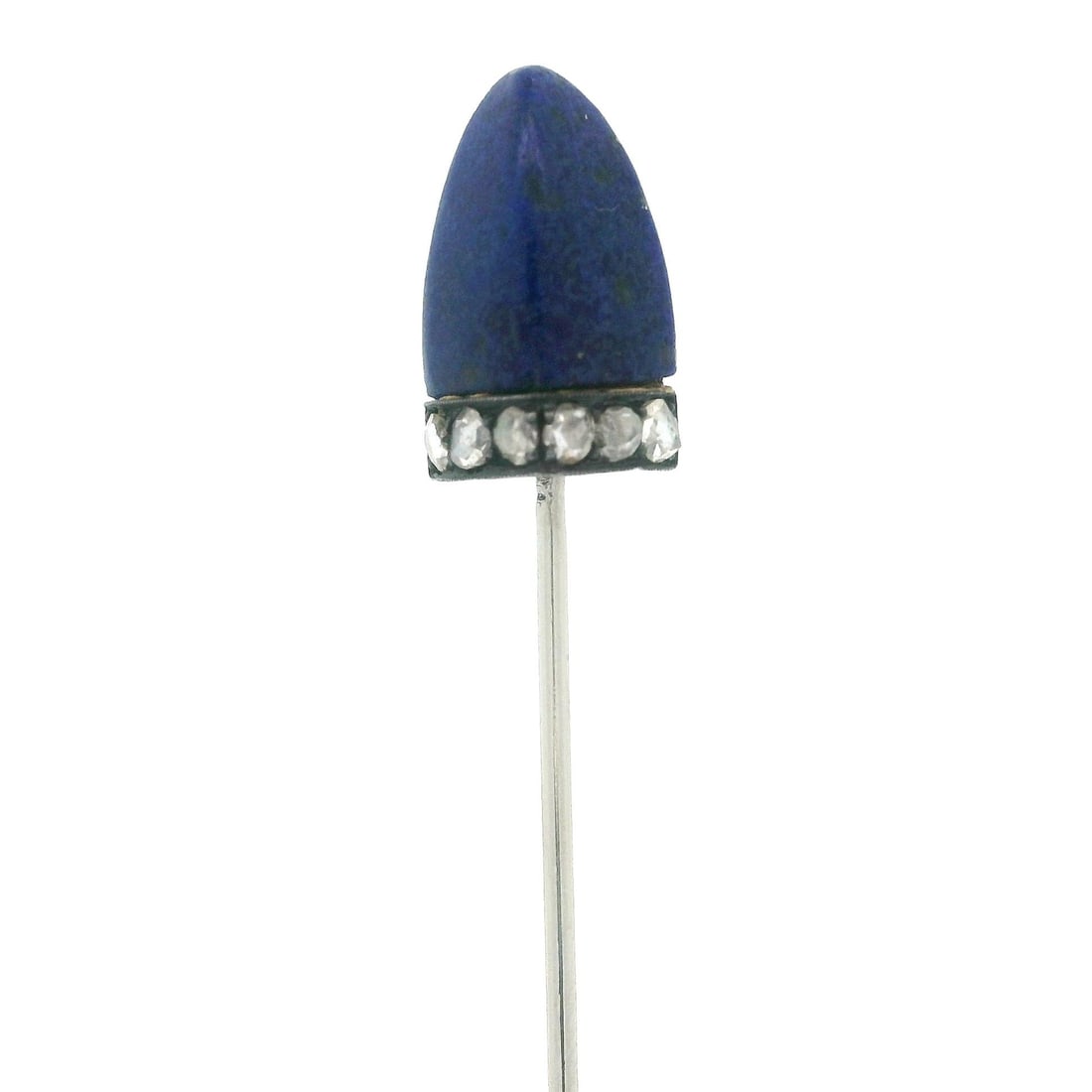 Antique Art Deco 14k White Gold Lapis Diamond Stick Pin: Antique Art Deco 14k White Gold Lapis Diamond Stick Pin This exquisite Antique Art Deco stick pin features a stunning sugarloaf cabochon of natural genuine Lapis Lazuli, showcasing a vibrant blue colo