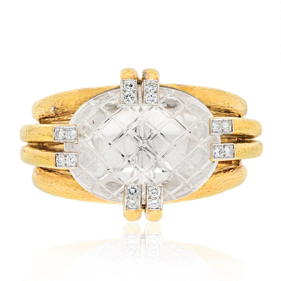 David Webb Twilight Collection Platinum 18K Gold Rock Crystal Bracelet: David Webb Twilight Collection Platinum 18K Gold Rock Crystal Bracelet This exquisite David Webb bracelet combines the elegance of platinum and 18K yellow gold with the brilliance of rock crystal. Wei