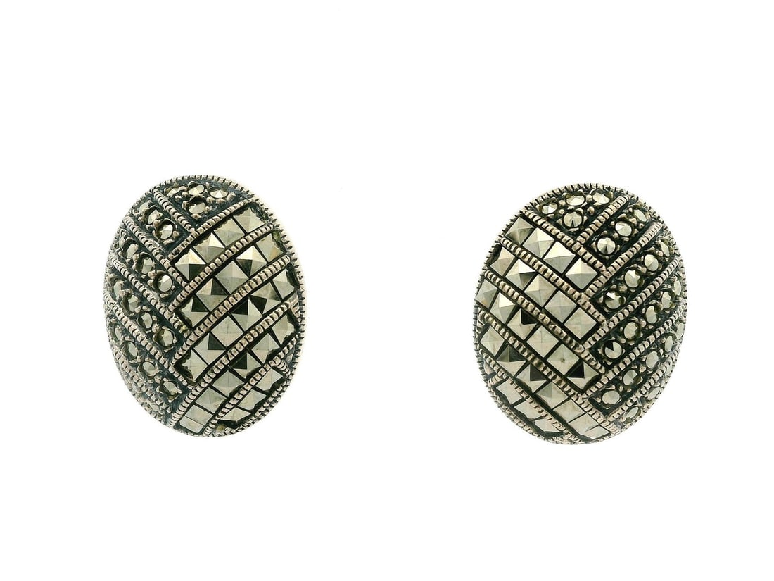 Judith Jack Sterling Silver Oval Clip On Earrings with Marcasite: Judith Jack Sterling Silver Oval Clip On Earrings with Marcasite Elevate your accessory collection with these exquisite Judith Jack Marcasite Sterling Silver Oval Button Clip On Earrings. Featuring nu