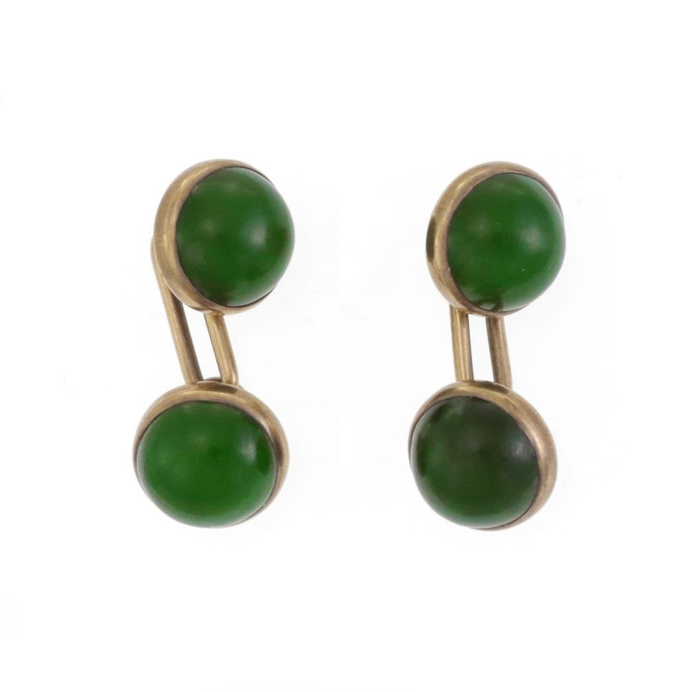 Vintage 14k Yellow Gold Double End Button Cufflinks with Jade: Vintage 14k Yellow Gold Double End Button Cufflinks with Jade Discover a stunning pair of vintage cufflinks, expertly crafted from 14k yellow gold. These cufflinks feature a refined double end button