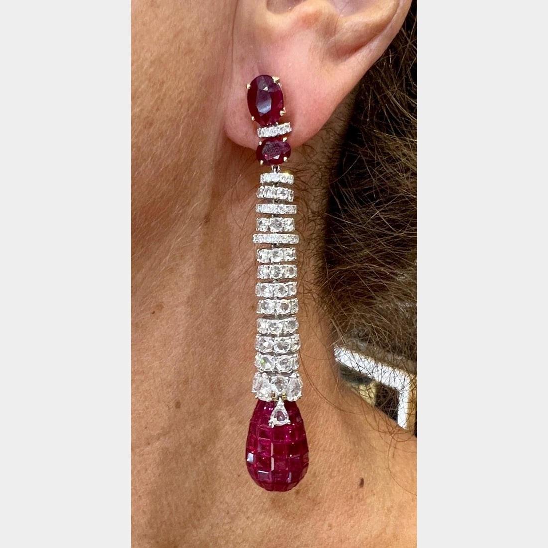 3.25 Inch French 18K White Gold Earrings with Rubies and Diamonds (1 of 4)