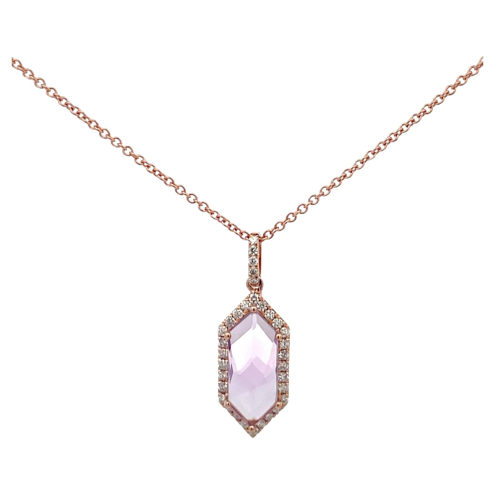 Harbor Diamonds Rose De France Hexagon Amethyst Pendant 2.57 Carats in 14K Rose Gold: Harbor Diamonds Rose De France Hexagon Amethyst Pendant 2.57 Carats in 14K Rose Gold This exquisite Rose De France Hexagon Halo Diamond Pendant showcases a stunning hexagon-shaped amethyst weighing 2.