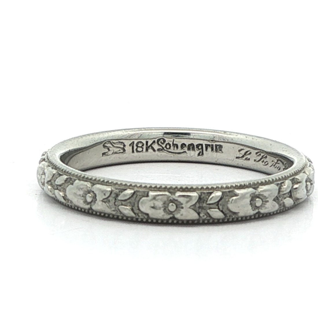 Rare Antique 18k White Gold Sohengrin Floral Eternity Band Ring: Rare Antique 18k White Gold Sohengrin Floral Eternity Band Ring Discover the elegance of this Rare Antique Sohengrin Eternity Band Ring, expertly crafted in solid 18k white gold. This band features ex