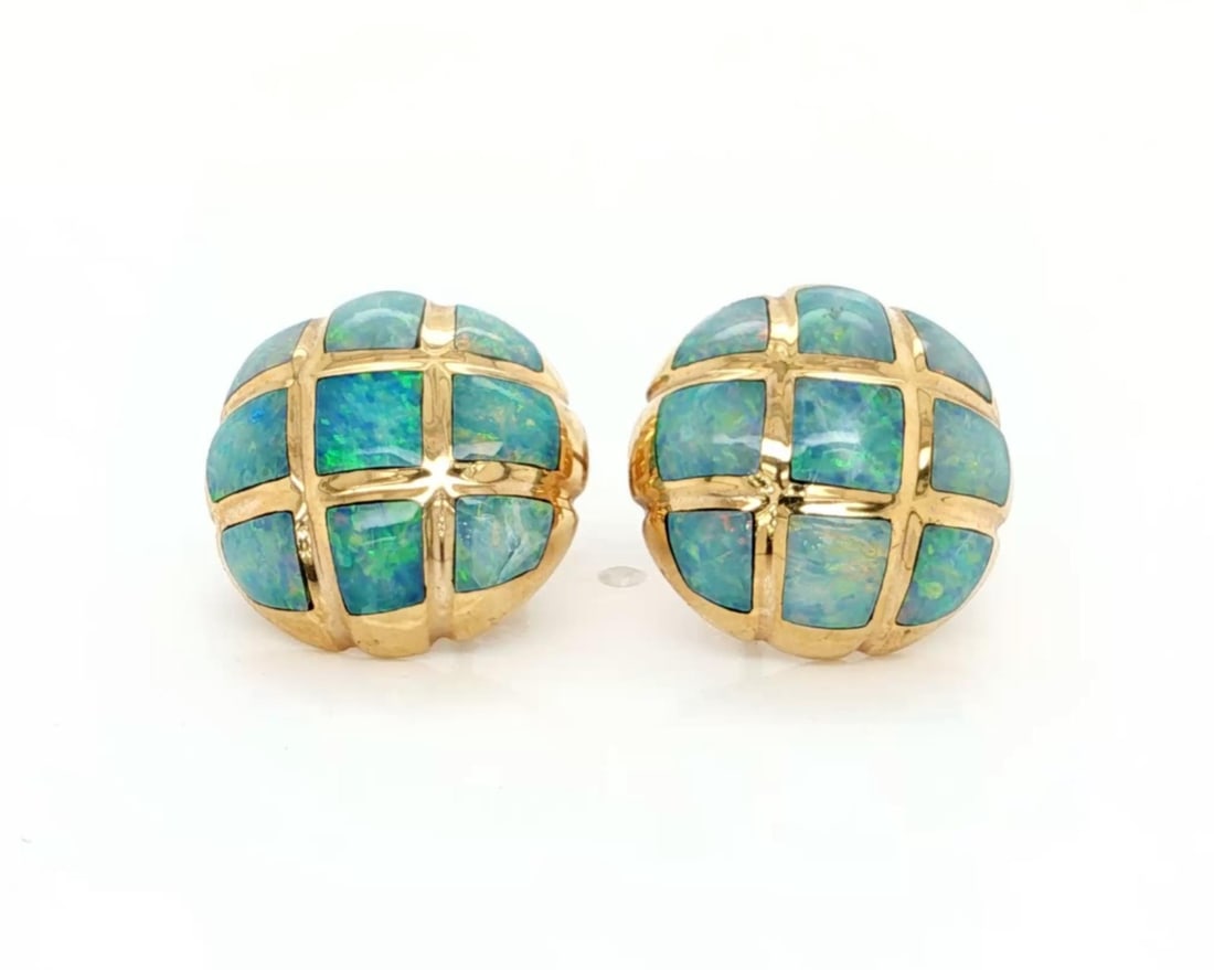 14k Yellow Gold Fire Opal and Diamond Stud Earrings by Kabana: 14k Yellow Gold Fire Opal and Diamond Stud Earrings by Kabana These Kabana stud earrings are crafted from solid 14k yellow gold and feature radiant fire opal gemstones accented with diamonds. The roun