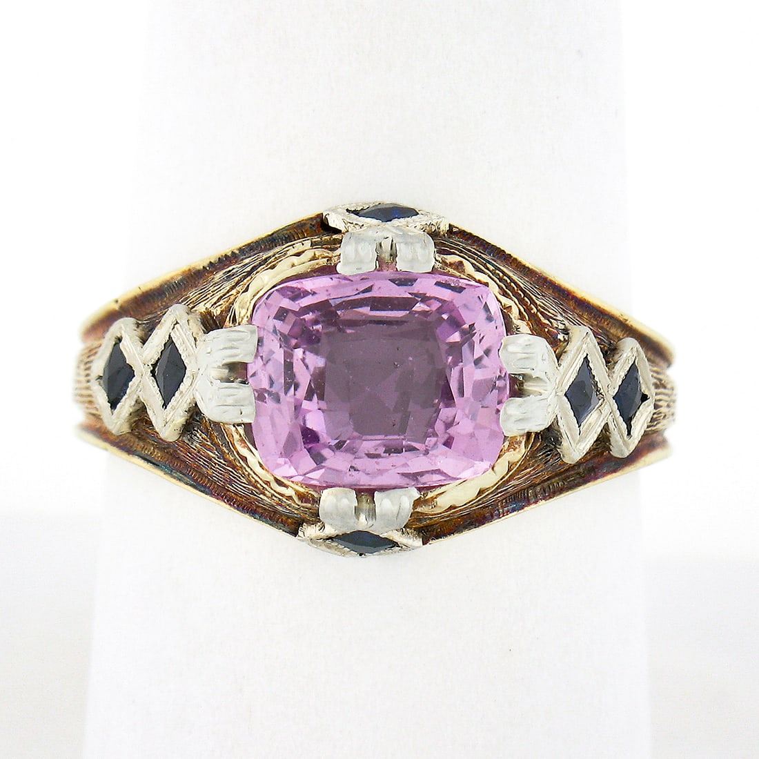 Vintage 14k Gold GIA Certified NO HEAT Pastel Sapphire Cocktail Ring: Vintage 14k Gold GIA Certified NO HEAT Pastel Sapphire Cocktail Ring This exquisite vintage cocktail ring is crafted from solid 14k yellow and white gold and features a stunning GIA certified cushion