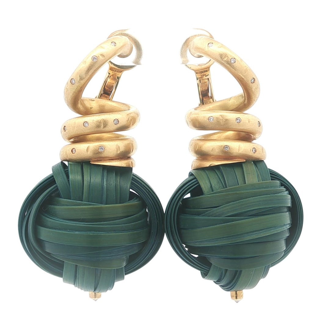 Diamond Dangle Earrings with Bamboo Motif in 18k Yellow Gold by Silvia Furmanovich: Diamond Dangle Earrings with Bamboo Motif in 18k Yellow Gold by Silvia Furmanovich These large dangle earrings by Silvia Furmanovich feature a striking knot design crafted from solid 18k yellow gold a