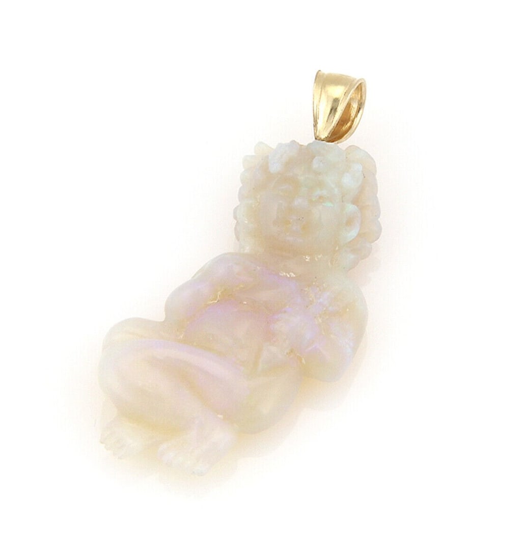 Fire Opal Cupid Pendant in 14k Yellow Gold Charm Design: Fire Opal Cupid Pendant in 14k Yellow Gold Charm Design This vintage charm pendant features a cupid figure crafted in 14k yellow gold and adorned with a fire opal gemstone. The design offers an elegan