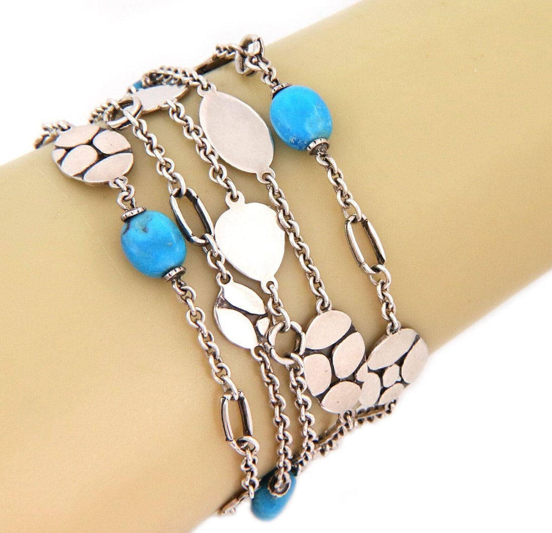 Five Strand Sterling Silver Bracelet with Turquoise from Kali Pebble Collection: Five Strand Sterling Silver Bracelet with Turquoise from Kali Pebble Collection This John Hardy Kali Pebble bracelet features five sterling silver strands adorned with oval turquoise beads and signatu