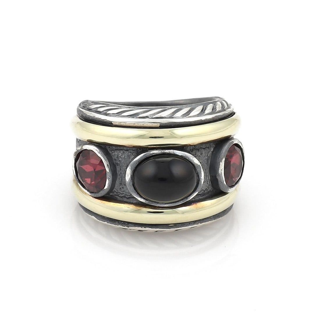 David Yurman 14k Yellow Gold Sterling Silver Wide Band Ring with Multi-Colored Gems: David Yurman 14k Yellow Gold Sterling Silver Wide Band Ring with Multi-Colored Gems This exquisite wide band ring from David Yurman showcases a stunning design crafted from sterling silver with luxuri