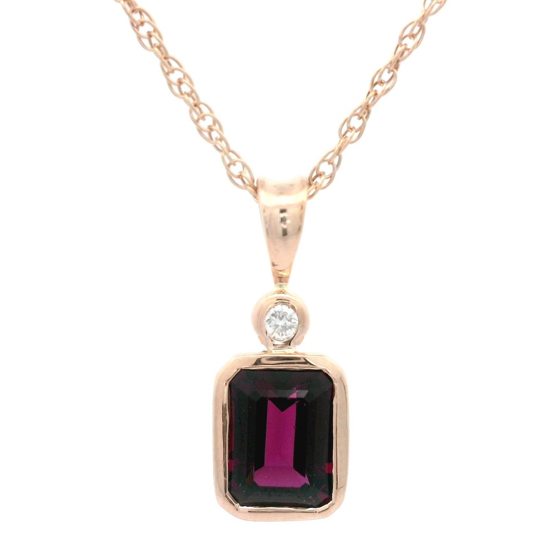 14k Rose Gold 1.78ct Rhodolite Garnet Diamond Pendant Necklace: 14k Rose Gold 1.78ct Rhodolite Garnet Diamond Pendant Necklace This stunning pendant necklace features a beautiful cushion-cut natural Rhodolite Garnet, bezel set in solid 14k rose gold. The garnet di