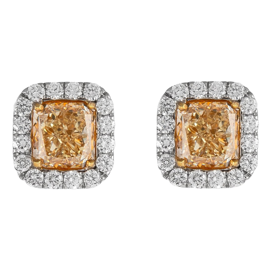 3.88ct Fancy Yellow Diamond Earrings Halo in 18k Gold: 3.88ct Fancy Yellow Diamond Earrings Halo in 18k Gold Elevate your elegance with these stunning Fancy Yellow Diamond Stud Earrings, featuring a dazzling halo. Crafted from 18k yellow and white gold, t