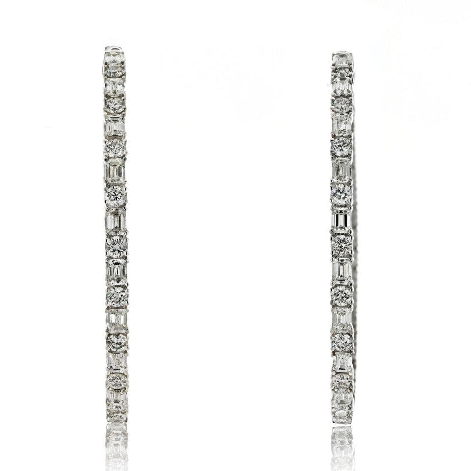 14K White Gold 7.50ct Emerald Round Cut Diamond Hoop Earrings: 14K White Gold 7.50ct Emerald Round Cut Diamond Hoop Earrings Elevate your elegance with these stunning 14K White Gold Hoop Earrings, featuring a dazzling combination of 7.50 carats total weight of em