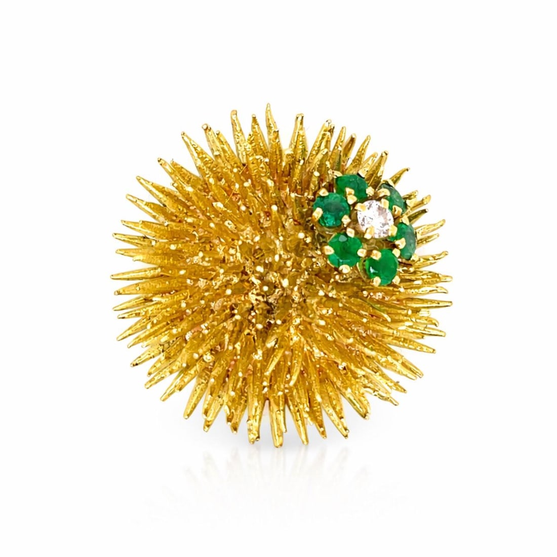 18K Gold Tiffany Brooch with Diamonds and Emeralds Circa 1960s: 18K Gold Tiffany Brooch with Diamonds and Emeralds Circa 1960s This 1960s Tiffany & Co. brooch is crafted from 18K yellow gold and features a design set with an approximately 0.10 carat diamond of F-G