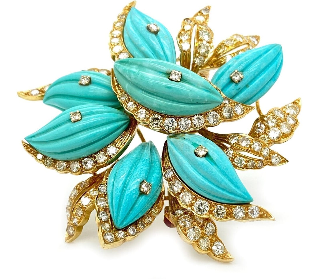 Large Floral 18k Gold Brooch With 4ct Diamonds And Turquoise Gemstones: Large Floral 18k Gold Brooch With 4ct Diamonds And Turquoise Gemstones This vintage brooch features a large flower design crafted in 18k yellow gold. Adorned with approximately 4.00 carats of sparklin