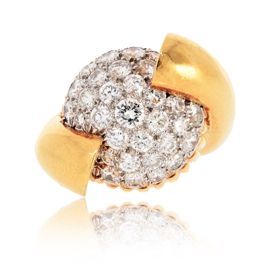 David Webb 1970s 18K Yellow Gold Pave Diamond Vintage Cocktail Ring: David Webb 1970s 18K Yellow Gold Pave Diamond Vintage Cocktail Ring This stunning vintage cocktail ring by David Webb features a unique twist design, crafted from luxurious 18K yellow gold. Weighing 2