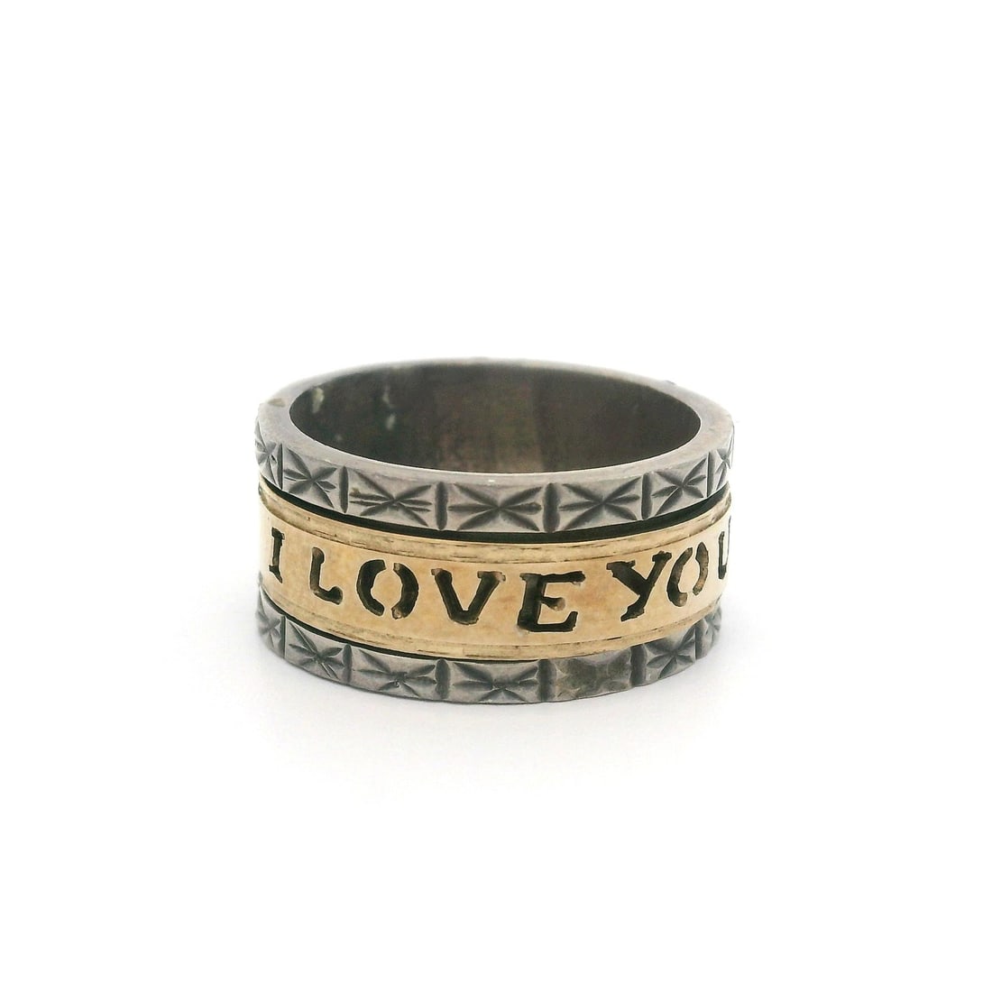 Vintage Sterling Silver Gold Plated I LOVE YOU Spinner Band Ring Size 6: Vintage Sterling Silver Gold Plated I LOVE YOU Spinner Band Ring Size 6 This exquisite vintage spinner band ring features a unique "I LOVE YOU" engraving, beautifully crafted from sterling silver with