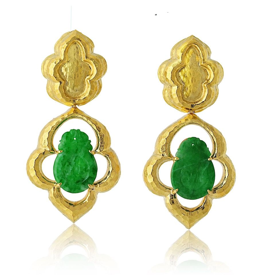 David Webb Platinum 18K Yellow Gold Jade Drop Earrings: David Webb Platinum 18K Yellow Gold Jade Drop Earrings These exquisite David Webb drop earrings showcase a stunning blend of platinum and 18K yellow gold, weighing 33.4 grams. Featuring a Moroccan-ins