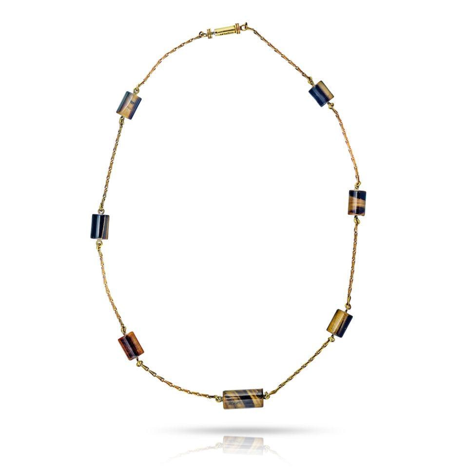 David Webb Circa 1970 Tiger Eye Station Necklace Platinum 18K Gold: David Webb Circa 1970 Tiger Eye Station Necklace Platinum 18K Gold This exquisite necklace is a stunning example of David Webb's artistry from the Circa 1970s. Crafted in a combination of Platinum and