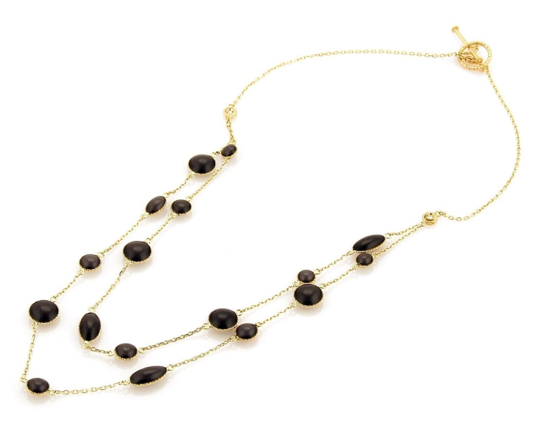 Double Strand 18k Gold Necklace with Diamond and Enamel by Roberto Coin: Double Strand 18k Gold Necklace with Diamond and Enamel by Roberto Coin This Roberto Coin double strand necklace is crafted from 18k yellow gold and features a beaded design adorned with diamond and e